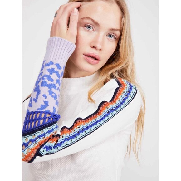 Free People Switch It Up Boho Thermal Top White Striped Crochet Sleeve - Picture 3 of 14